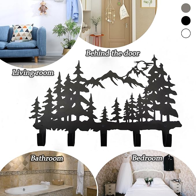 Metal Tree Coat Hooks Wall Art Decor-Tree Hangers and Key Holder-Clothes Rack and Backpack Hanger-Forest Theme Hooks Sweet Home Decor for Storage, Living Room, Hallway, Office (Black)