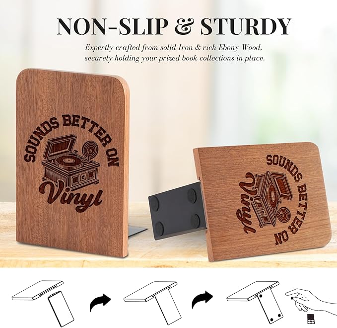 Gifts for Vinyl Record Lovers, Bookends for Vinyl Records, Vinyl Record Storage, Novelty Bookends Unique, Heavy Duty Wooden Book Ends for Shelves Decorative(1 Pair, 4.72x6.69 Inches)