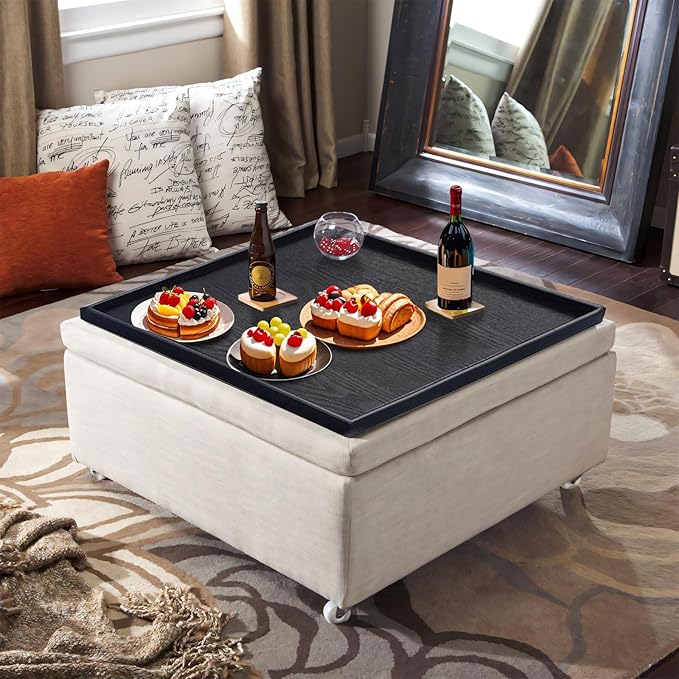24 x 24 Inches Large Square Black Solid Wood Ottoman Tray, Serve Tea, Coffee or Breakfast in Bed, Classic Wooden Decorative Serving Tray with Raised Edges, Kitchen Party Bar Server Table Tray