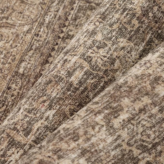 PureCozy 3x5 Area Rug Brown Machine Washable Entryway Office Vintage Distressed Non Slip Carpet Indoor Small Low Plie Thin Bedroom Kitchen Retro Accent Throw Rug Door Mat Entrance Bathroom Living Room