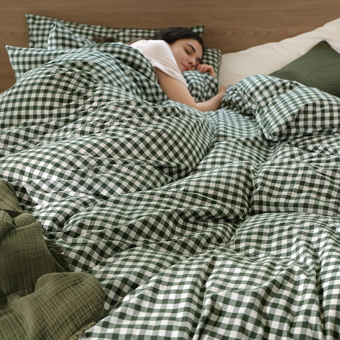 MooMee Gingham Duvet Cover Set 100% Washed Cotton Linen Like Textured Breathable Durable Soft Comfy Modern Checkered Design (Forest Green Gingham, Twin 68"x90")