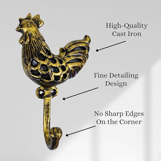 Set of 3 Cast Iron Rooster Shape Coat Hooks Wall Art Decor-Rooster Shape Hangers and Key Holder-Clothes Rack and Backpack Hanger-Coat Hooks Home Decor for Storage, Living Room,Hallway (Brass Antique)