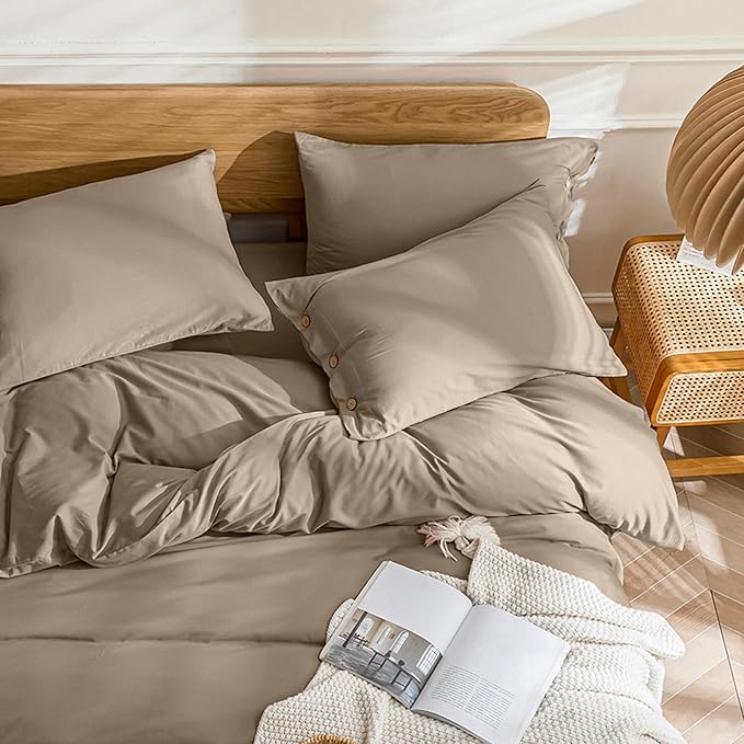 JELLYMONI Cotton Duvet Cover Twin Size - Khaki Comforter Cover with Button 100% Washed Cotton 2PCS Breathable Soft Solid Bedding Set Duvet Cover 68×90in & 1 Pillowcase (NO Comforter)
