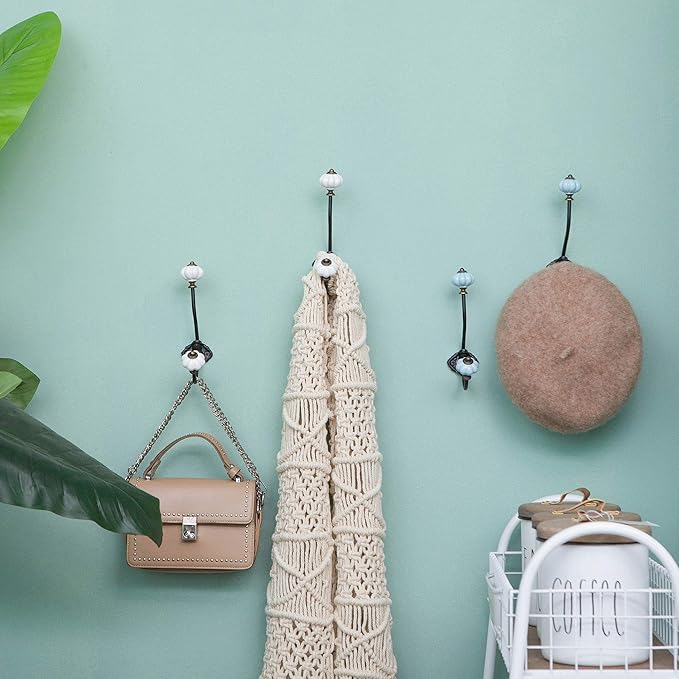NIKKY HOME Wall Hooks Decorative 2 Pack Hanging Rustic Vintage Pumpkin Metal Iron Ceramic Antique Mounted Wall Hook for Towels Coat Bag Scarf Cap Hat Key for Farmhouse Mudroom Closet Bathroom, Blue