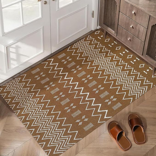 winolive Indoor Door Mat 2x3 Washable Rug,Braided Area Rug,Front Door Mat with Non Slip Rubber Backed,Cotton Doormat for Front Entryway Bathroom Kitchen Bedroom,Brown/White