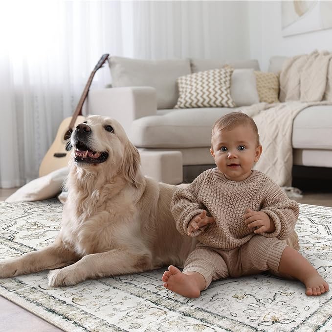 Lahome Beige Area Rug 5x7 Non Slip Washable Oriental Traditional Distressed Rugs for Bedroom Soft Low Pile Neutral Modern Farmhouse Decor Vintage Living Room Indoor Floor Accent Carpet