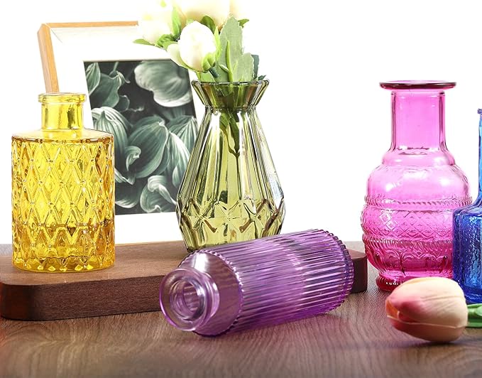 12 Pcs Glass Bud Vases in Bulk,Mini Vintage Flower Vases for Centerpieces,Colored Small Vases for Flowers,Glass Bottles for Home Wedding PartiesTable Decoration (Many Colors)