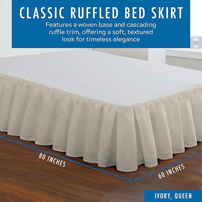 FRESH IDEAS Bedding Ruffled Bedskirt, Classic 14” Drop Length, Gathered Styling, Queen, Ivory (FRE30114IVOR03)