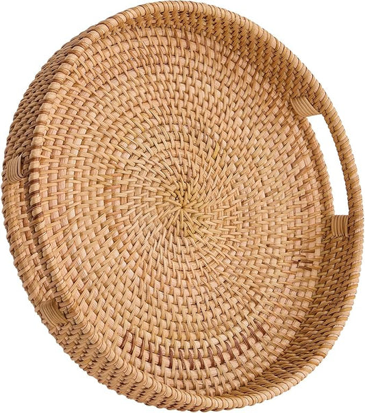 Round Rattan Serving Tray,Hand-Woven Tray with Handles, Ottoman Decorative Coffee Table Tray,Wicker Storage Basket for Tea,Fruit,Bread (Natural, 11.8")