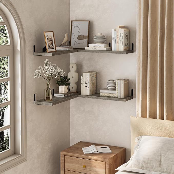 Marsmiles Extra Wide Floating Shelves for Wall, 16x8 Inch Natural Wood Grain Bookshelves, Heavy Duty Mounted Shelving for Bathroom, Kitchen, Living Room, Bedroom,Set of 2，Grey