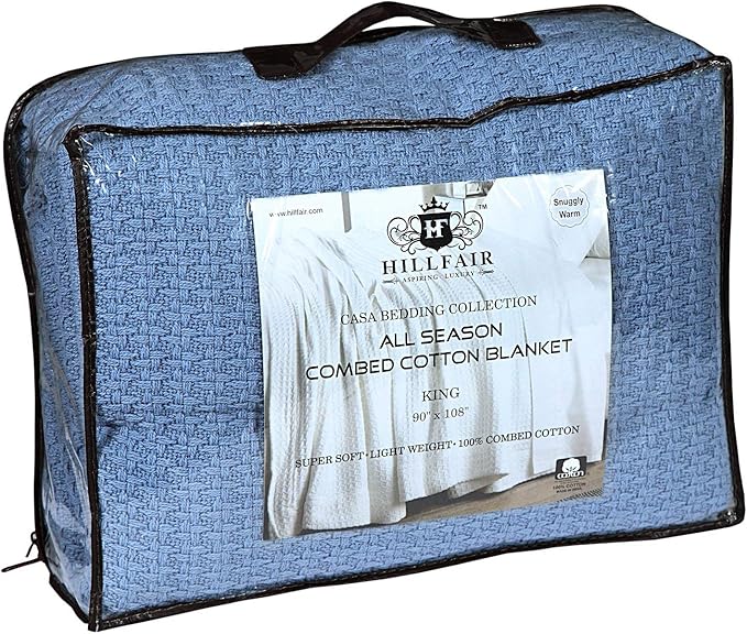 HILLFAIR 100% Combed Cotton Blanket– California King Size Bed Blanket – Warm Soft All Season Breathable Blankets – 102 x 108 inch Extra Large Oversized California King Cotton Blankets for Bed- Blue