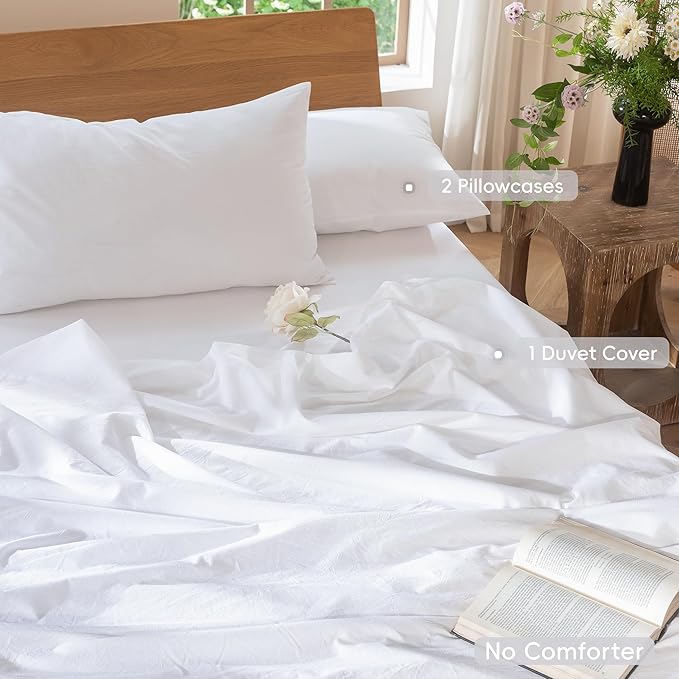 MooMee Bedding Duvet Cover Set 100% Washed Cotton Linen Like Textured Breathable Durable Soft Comfy (Solid Bright White, Palatial King/Oversized King 120"x98")
