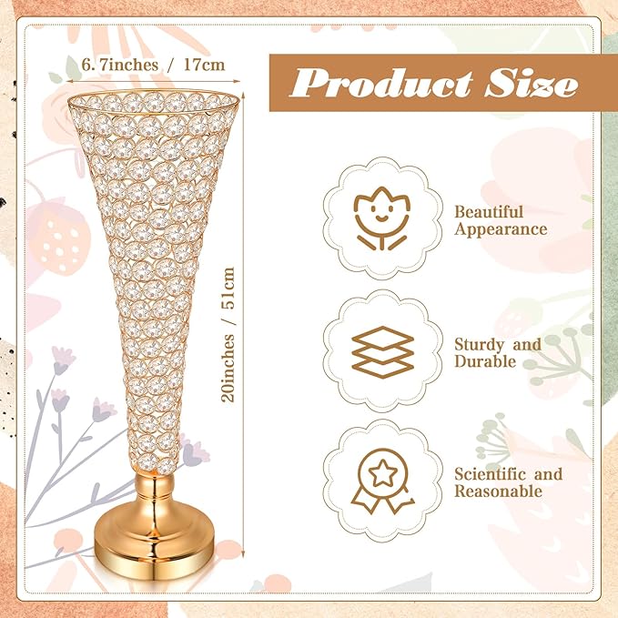 Rtteri 4 Pcs 20 Inch Tall Crystal Vase for Centerpieces Wedding Christmas Metal Crystal Trumpet Flower Vase Stand for Holiday Table Floor Wedding Banquet Celebration, Classic Elegance(Gold)