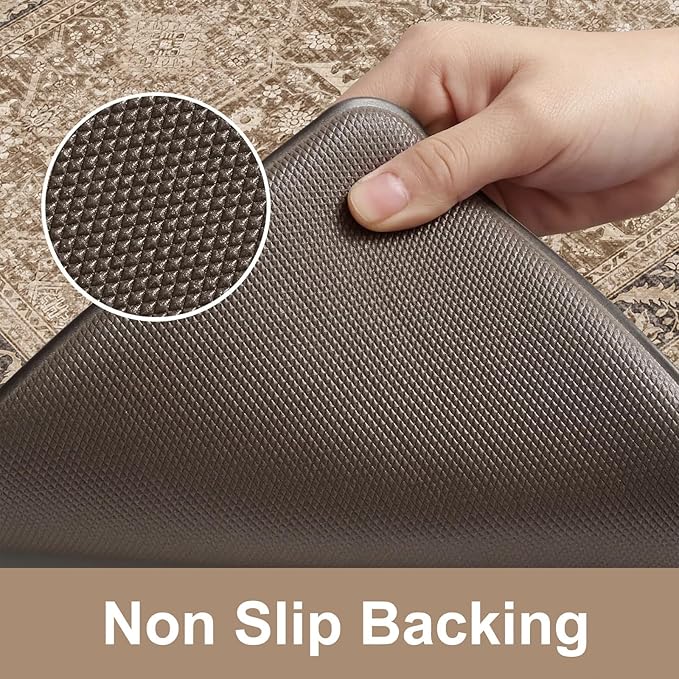 KIMODE Anti Fatigue Mats for Kitchen Floor, 20"x71" Boho Vintage Kitchen Runner Rug, Cushioned Floor Mat Non Slip, Memory Foam Standing Mat for Sink Laundry Office Desk Brown