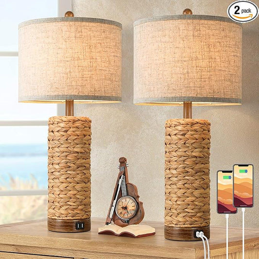 Set of 2 Rattan Table Lamps for Living Room with 2 USB Ports, 27In Tall Bedroom Lamp Costal Farmhouse, Rustic Woven Seagrass Bedside Nightstand Lamps for End Table, E26 Socket&Rotary Switch, No Bulb