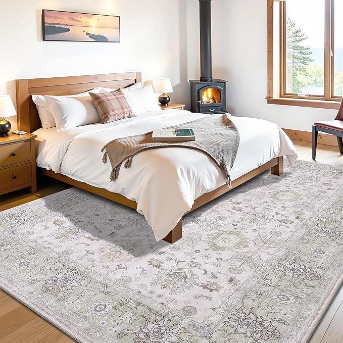 Vanmoos 5x7 Area Rugs for Living Room, Bedroom - Machine Washable, Non-Slip Bedside Rug, Large Soft Floor Carpet for Office, Dining Room, Farmhouse and Home Decor, Cozy Elegance/Green