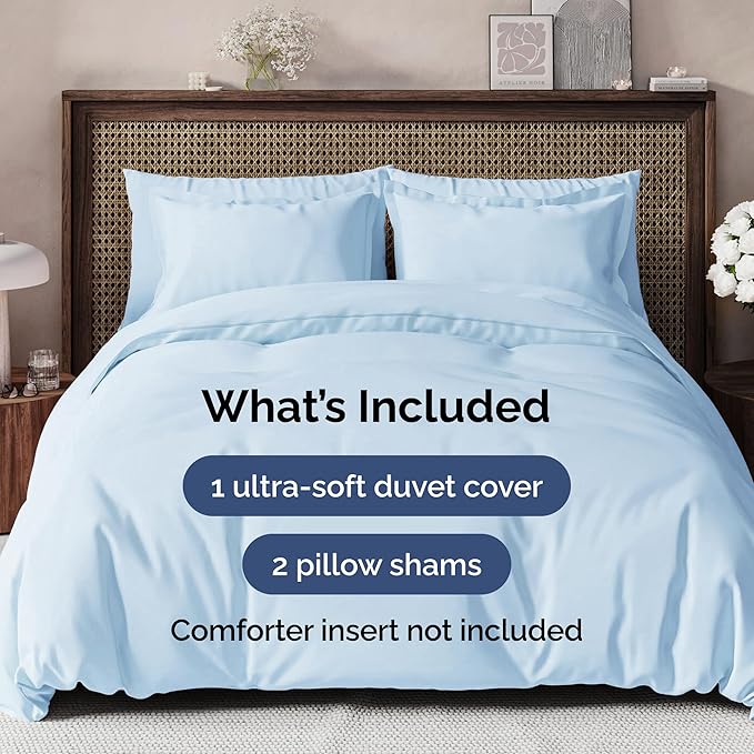 Duvet Cover Full Size Set - Extra Soft Full Size Duvet Cover 80 x 90 with 2 Pillow Shams - Hotel Luxury Easy Care and Fade Free w/Zipper Closures & Ties - Comfy Breathable Bedding Set (Light Blue)