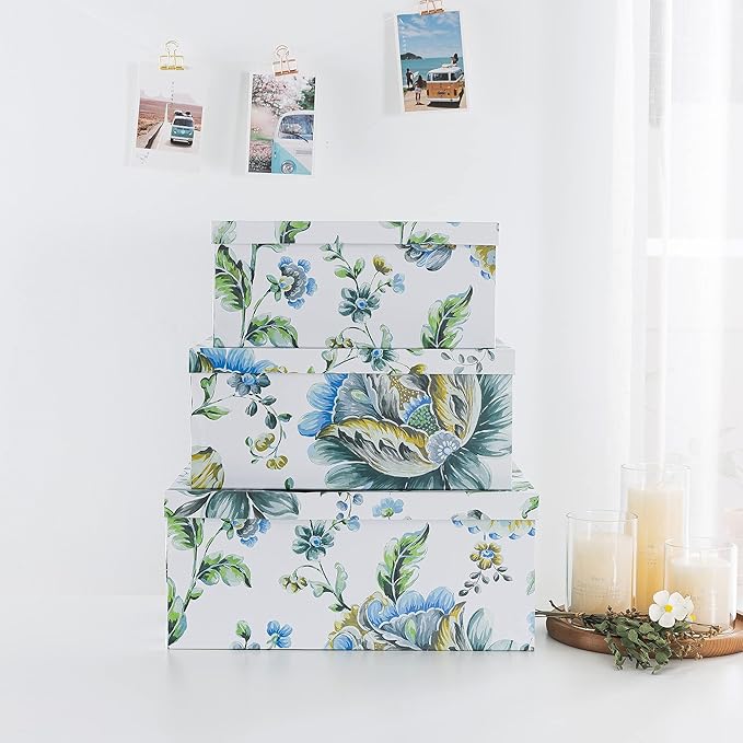 Soul & Lane Breezy Bloom Floral Storage Boxes with Lid - Set of 3: Home Décor Memories Cartons, Nesting Decorative Photo Storage Containers, Flower Paperboard Keepsake Bins, Cardboard File Boxes