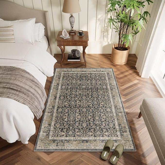 Washable 2x3 Entryway Rug, Boho Non-Slip Door Mat Vintage Distress Small Rugs for Kitchen Nursery Office Bedroom, 0.3" Neutral Oriental Throw Carpet with Cushioning Pad,Flaxen/Brown/Multi