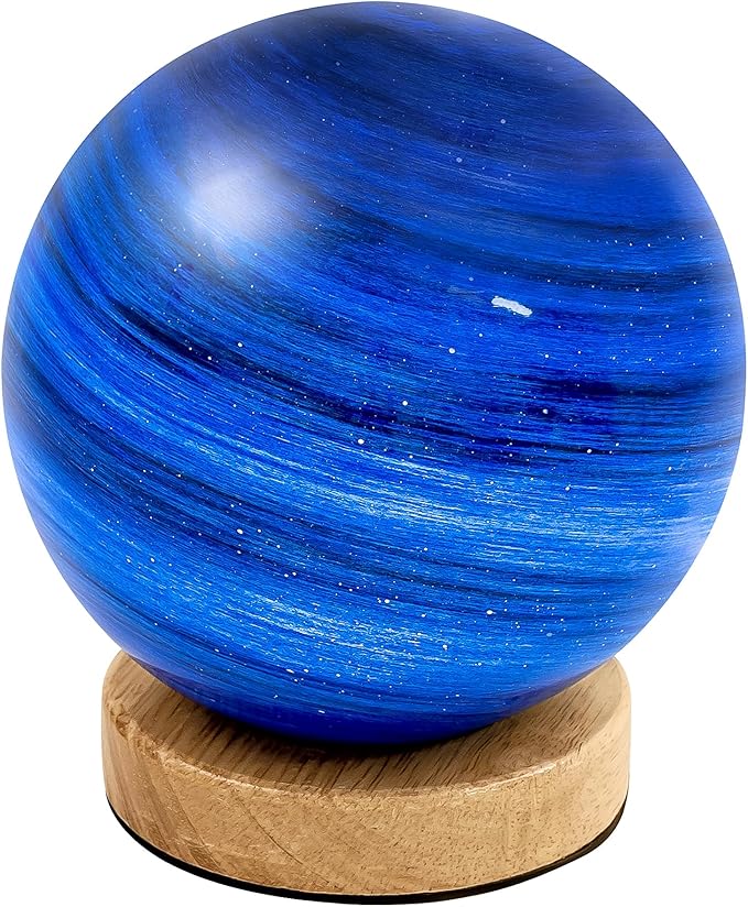 New Model Neptune Blue Planet Night Light Glass Bedside with Wooden Base 3 Modes - Dimmable Swirl Planet Table Lamp for Bedroom Nightstand, Desk Lamp for Living Room, Office, Kids Room