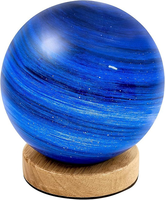 New Model Neptune Blue Planet Night Light Glass Bedside with Wooden Base 3 Modes - Dimmable Swirl Planet Table Lamp for Bedroom Nightstand, Desk Lamp for Living Room, Office, Kids Room