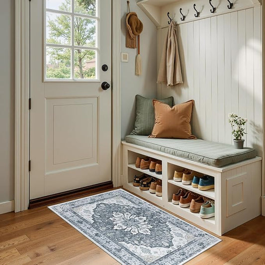 RELEANY Area Rugs 2'x4' Washable Non-Slip, Floral Vintage Distress Print Pattern Medallion Carpet for Living Room Bedroom Dining Room, Light Gray Grey White