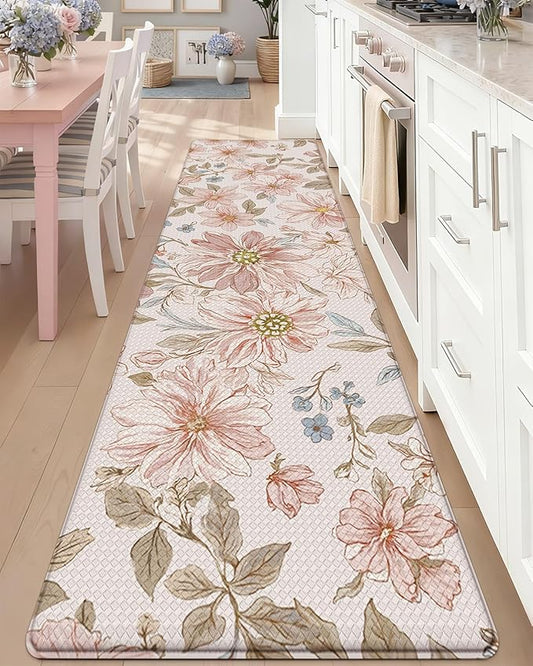 DEXI Kitchen Mats for Floor, 23x86, Cushioned Standing Mat Anti Fatigue, Wide Waterproof Comfort Floral Padded for Laundry Room Office, Pink