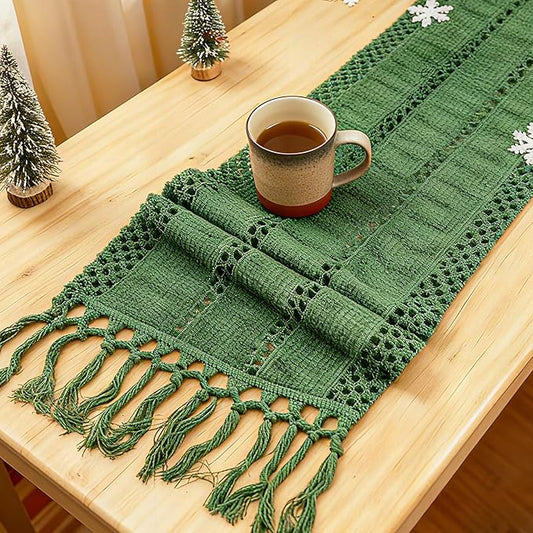 Niviy Sage Green Boho Table Runner for Home Decor 108 Inches Long with Tassels, Rustic Macrame Cotton Linen Woven Coffee Table Runners for Bohemian Dining Table Decoration, Green