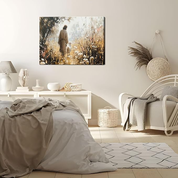 Jesus Leaves The 99 Sheep Canvas Wall Art, Christian Jesus Lamb Wall Decor Paintings, Lost Sheep Religious Bible Posters Prints Pictures for Church Living Room Bedroom 16x24 Inch Framed