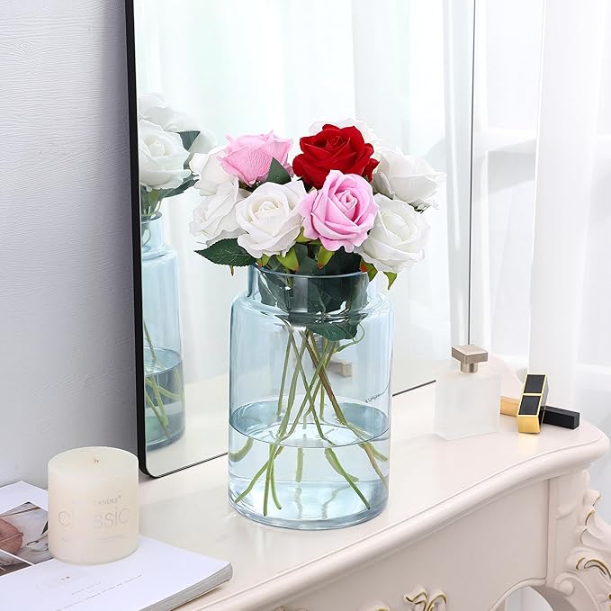Large Glass Vase, 9 Inch Blue Glass Vase, Large Flower Vases for Bouquet, Tall Wide Mouth Vases for Flowers, Home, Wedding, Living Room, Office Decor