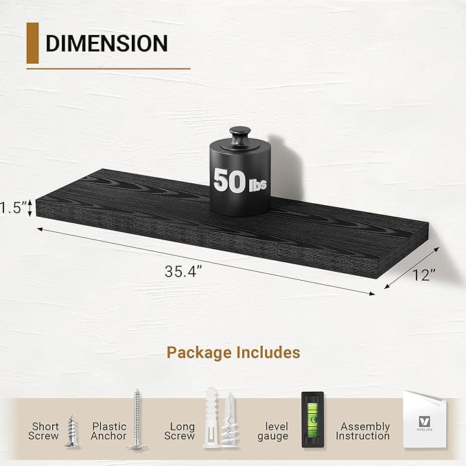 Vivelove Black Floating Shelves 35.4 Inches Wide, 12" Deep Wall Shelves for Bedroom, Bathroom, Living Room, Kitchen, Office, Rustic Home Decor Shelf with Invisible Brackets, 35.4X12X1.5, Set of 2