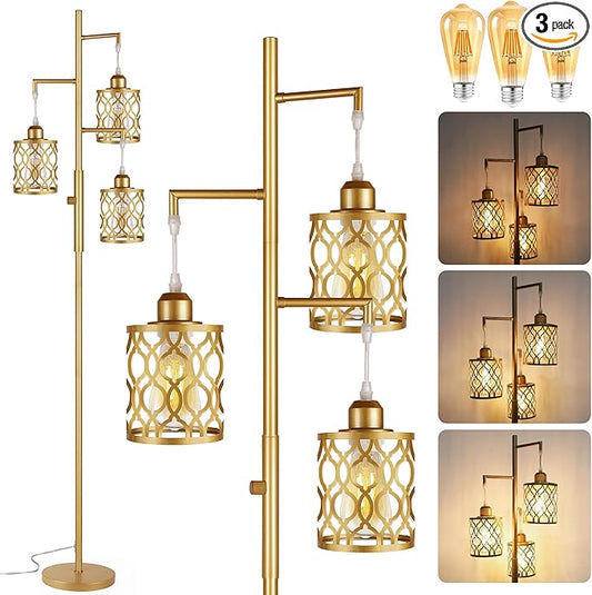 ROTTOGOON 68" Gold Floor Lamp, Dimmable Industrial Floor Lamps for Living Room, 3 Light Rustic Standing Tall Lamp Including 3 PCS 6W E26 Bulbs, Farmhouse Tree Floor Lamp for Bedrooms, Office, Bar