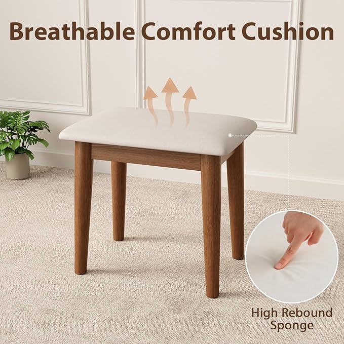 Solid Wood Foot Stool, Upholstered Ottoman Foot Rest for Couch, Padded Footstool, Leg Rest for Chair, Small Bench for Entryway, Cushioned Vanity Stool for Bedroom, Living Room, Walnut