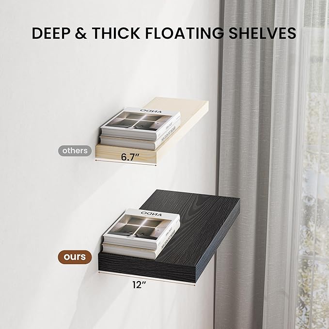 Dreamland 24" Floating Shelves for Wall, 12" Deep Thicker Black Floating Shelves, Wall-Mounted Shelves for Bedroom, Living Room, Kitchen, Bathroom - Set of 2
