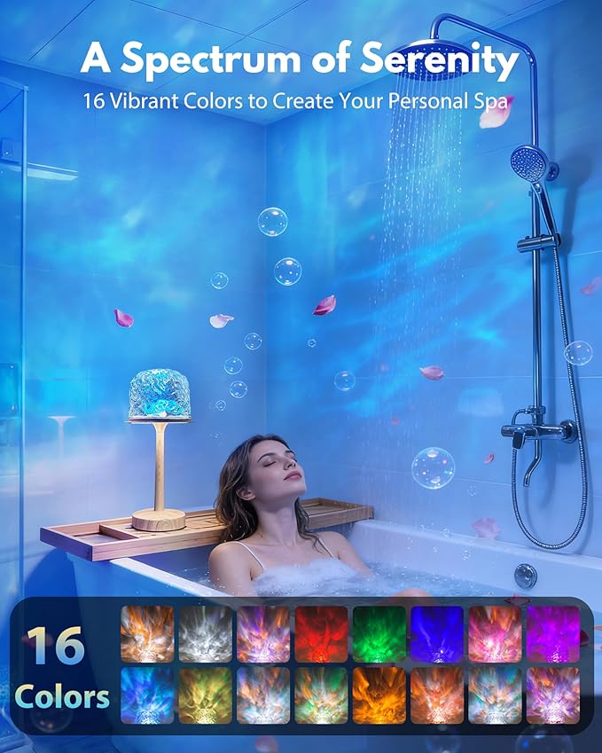 Spa-Like Shower Lamp - Waterproof Bathroom Lamp with 16 Color Ocean Wave Projector, Cordless Light for Inside Shower/Bathtub Bedroom Living Room Kitchen Decor (Wood Grain)