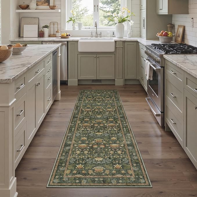 Bavni Boho 2x3 Washable Entryway Rug, Botanical Vintage Bird Door Mat Non Slip, Low Pile Soft Thin Olive Green Carpet Stain Resistant, Small Floral Area Rugs for Bedroom, Bathroom, Laundry, Kitchen
