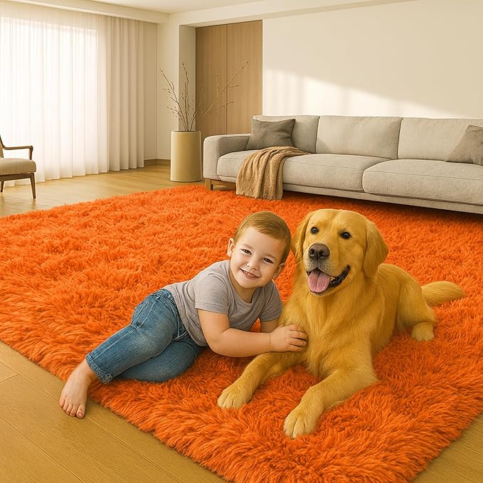 Mtandyx 5x7 Plush Fluffy Area Rugs, Large Soft Carpet, Upgraded Non-Slip Rectangular Rug for Living Room, Bedroom, Kids Room, Dorm,Modern Home Decor Aesthetic,Orange.