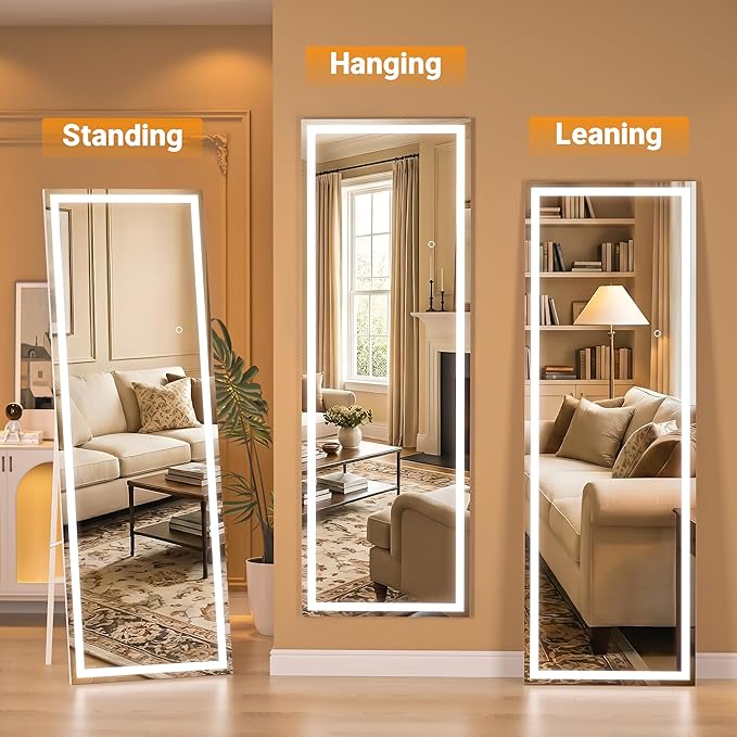 Full Length Mirror with Lights, 56" x 16" LED Lighted Floor Standing Body Mirror, Dimmable & 3 Color Lighting for Bedroom, Cloakroom, Dressing Room, Tempered Glass, Square Black