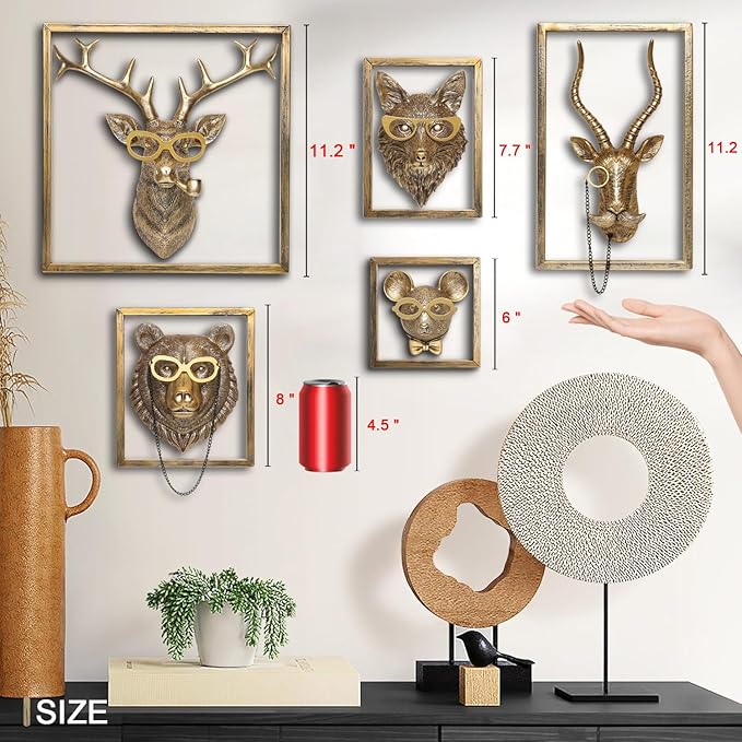 Newinhome Animal Heads Wall Decor (Includes Metal Frame) Resin Animals Sculptures Head Wall Hanging Decoration Gold vintage Wall Sculpture for Living Room Bedroom Office(Bear)