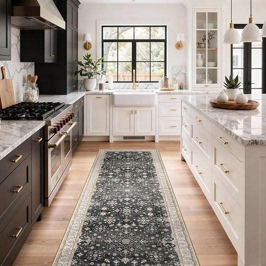 GENIMO 2'6‘’x7 Runner Rug,Machine Washable Non-Slip Vintage Rugs,Low Pile Lightweight Carpet for Bedroom,Hallway,Entryway,Kitchen,Bathroom,Black