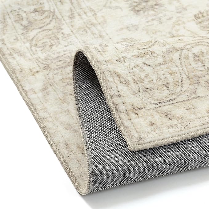 PureCozy 8x10 Area Rug Machine Washable Living Room Bedroom Vintage Distressed Non Slip Carpet Indoor Large Low Plie Thin Beige Dining Room Office Retro Accent Throw Rug