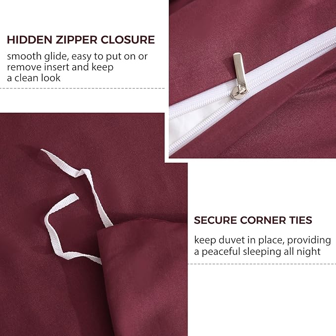 JSD Burgundy Duvet Cover Set Queen Size, 3 Piece Duvet Cover with Pillow Shams, Soft Brushed Microfiber Zipper Closure, Comforter Not Included