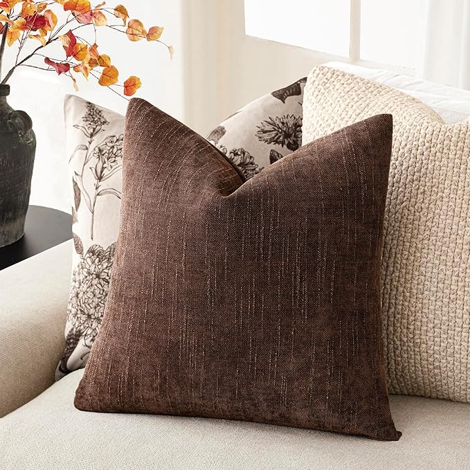 Foindtower Pack of 2 Soft Textured Chenille Throw Decorative Pillow Covers Square Accent Solid Cushion Cover Cozy Neutral Farmhouse Pillow Case for Couch Sofa Bedroom Living Room 22x22 Inch,Red Brown