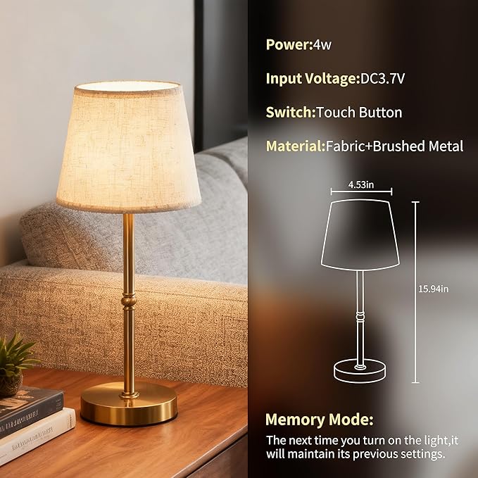 2-Pack Bedside Table Lamp，3 Level dimmable Touch Control lamp，6000mAh Battery, USB Charging Port, LED Bulb Included, Suitable for bedrooms, desks, and Dining Tables