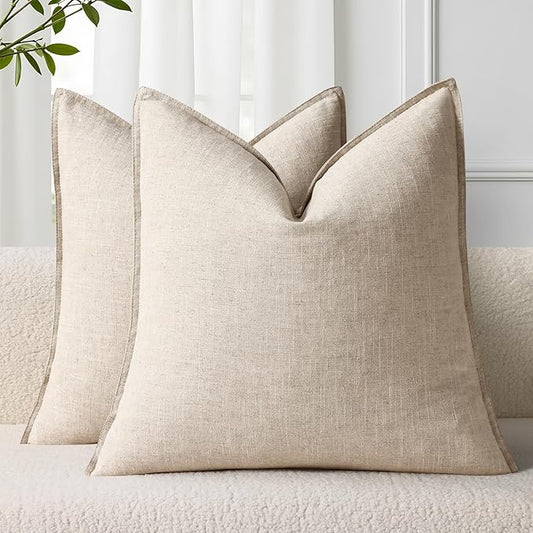 decorUhome Spring Decorative Linen Euro Sham Throw Pillow Covers 24x24 Inch Set of 2 Natural Beige Pillow Covers with Flange Edges Soft Farmhouse Boho Accent Pillow Cases for Couch Bed Living Room
