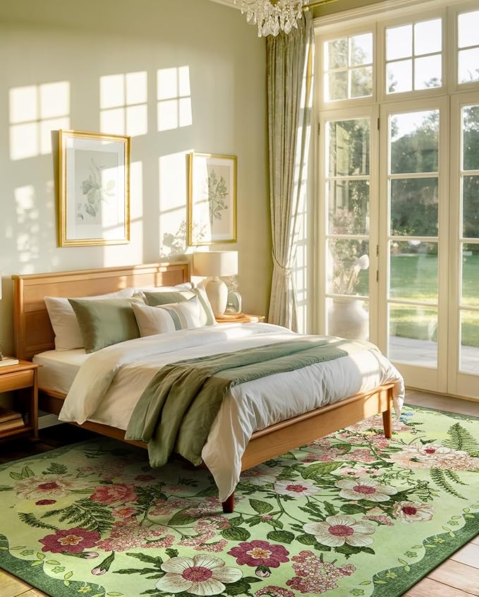 AREAMAY Floral Washable 5x7 Area Rugs - Living Room Rug Non Slip Low Pile Stain Resistant Carpets Indoor Vintage Flower Print Rug for Bedroom Dining Room Kitchen Home Office Green