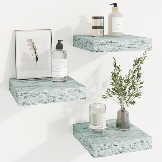 Marsmiles Square Floating Shelves for Wall, 10" W x 10" D x 1.25" H, 3 Packs Small Wall Mounted Engineered Wood Shelves with Invisible Brackets for Living Room, Bedroom, Bathroom, Kitchen Decor, Blue