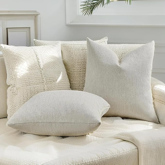 HAUSSY Cream White Throw Pillow Covers 24x24 Inch Set of 2,Boho Decorative Faux Linen Throw Pillows Cozy Farmhouse Accent Cushion Covers,Home Decor for Couch Sofa Bed Living Room