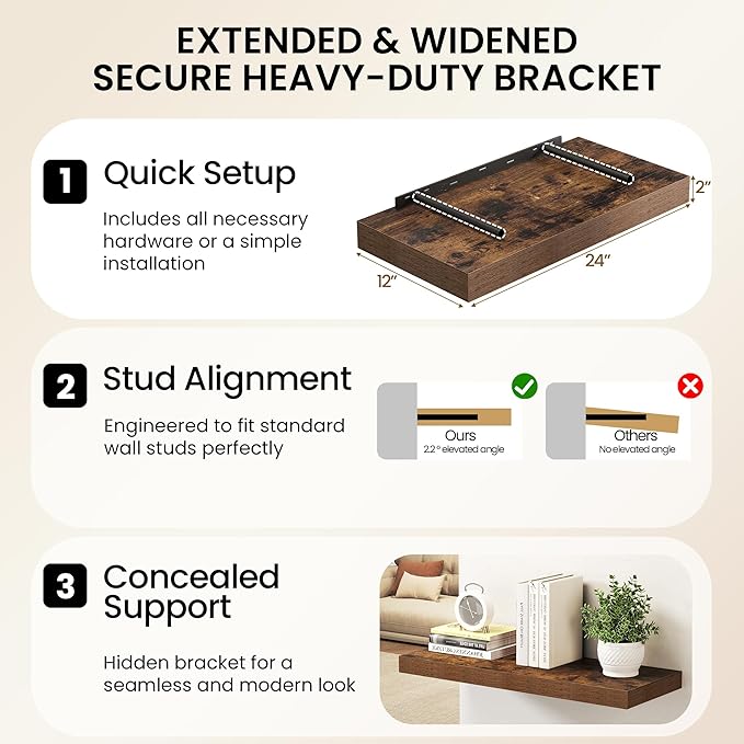 36Inch Floating Shelves for Wall, 12 Inch Deep Shelves for Bedroom, Kitchen, Bathroom Wall Mounted, Rustic Wood Floating Shelf with Invisible Brackets for Books, Storage, Decor, Rustic Brown, 2 Packs