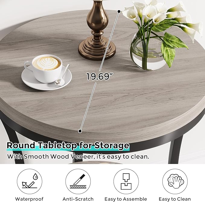 Round End Table, 2 Tier Industrial Side Table, Accent Bedside Table Nightstand with Metal Frame for Living Room, Bedroom, Small Spaces, Easy Assembly, Grey Brown & Black